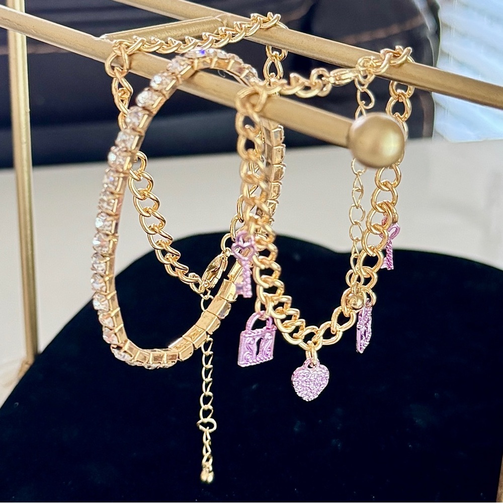 3 pcs Gold and Rhinestone & Purple Chains Bracelet Set